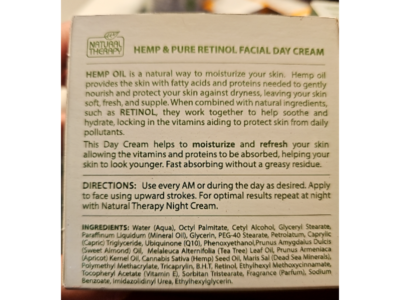 Natural Therapy Facial Moisturizing & Refreshing Day Cream, Hemp Pure Retinol, 1.6 fl oz/50 mL