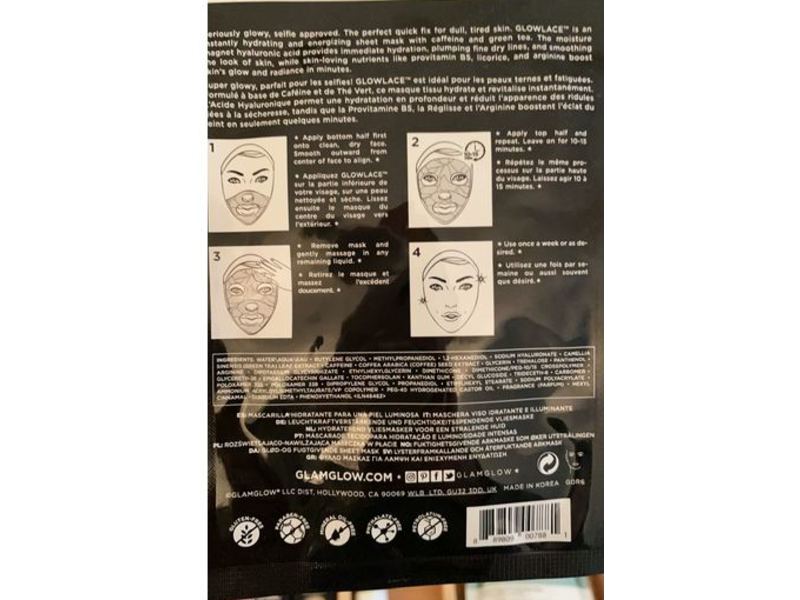 Glamglow Glowlace Radiance-Boosting Hydration Sheet Mask, Hyaluronic Acid, Green Tea, Caffeine, 1 Count