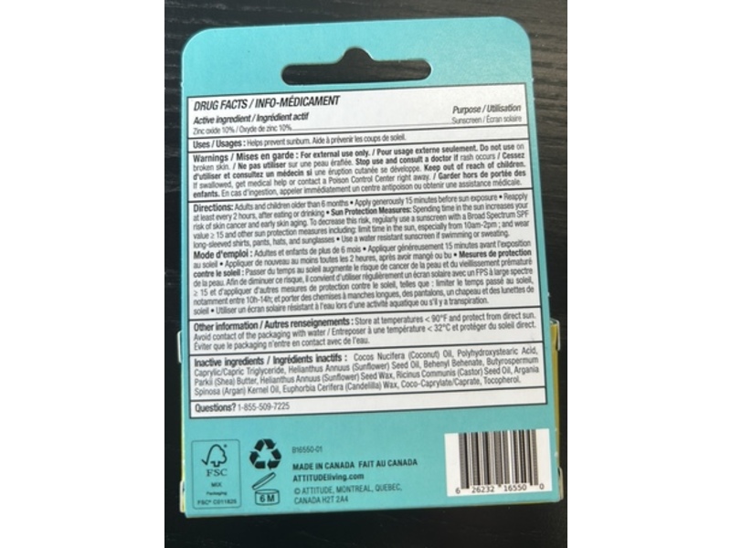 Attitude Sunly Lip Balm, Unscented SPF 15, 0.14 oz/4.25 oz, Pack Of 2