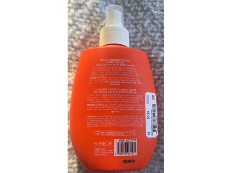 Harbor Hydra Luminous Shine Hair Serum, Coconut Oil + Shea Butter, 8.4 fl oz/250 mL