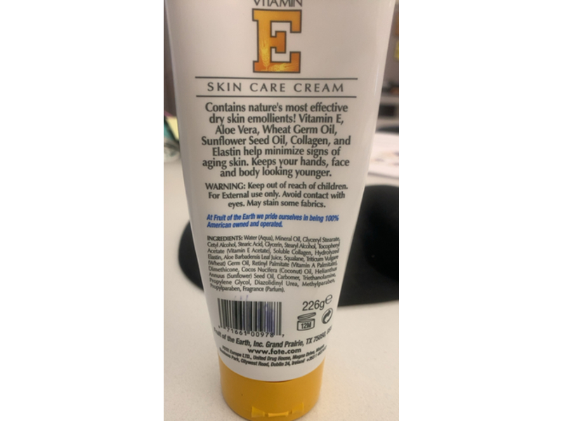 Fruit Of The Earth Skin Care Cream, Vitamin-E, 8 oz/226 g