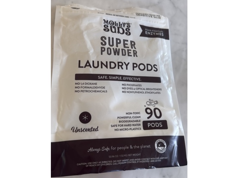 Molly's Suds Super Powder Laundry Pods, Unscented, 53.96 oz/1.52 kg, 90 Count