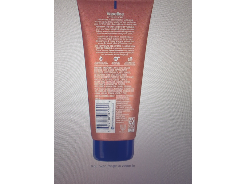 Vaseline intensive Care Hydra Replenish Hand Creme, Hyaluronic Acid, 3.4 fl oz/100 mL, Pack Of 6