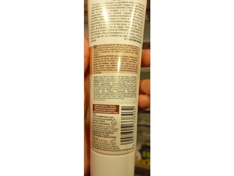 Eveline Cosmetics Glycerini 5 In 1 Hand And Nail Cream Mask, Bio Goat's Milk + Vitamin E Karite Butter, 3.52 fl oz/100 mL