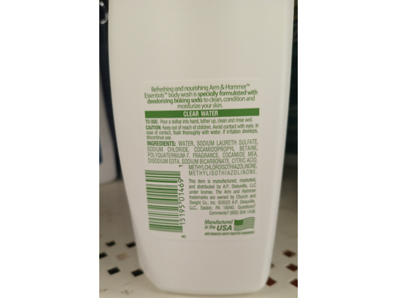 Arm & Hammer Essentials Ultra Replenishing Body Wash, Clear Water, 15 fl oz