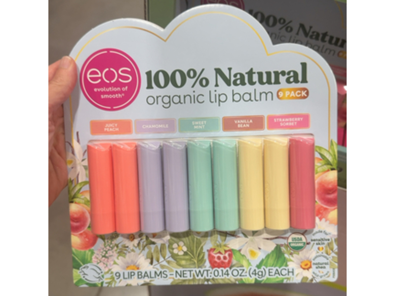 eos 100% Natural Organic Lip Balm, 0.14 oz/4 g, Pack Of 9