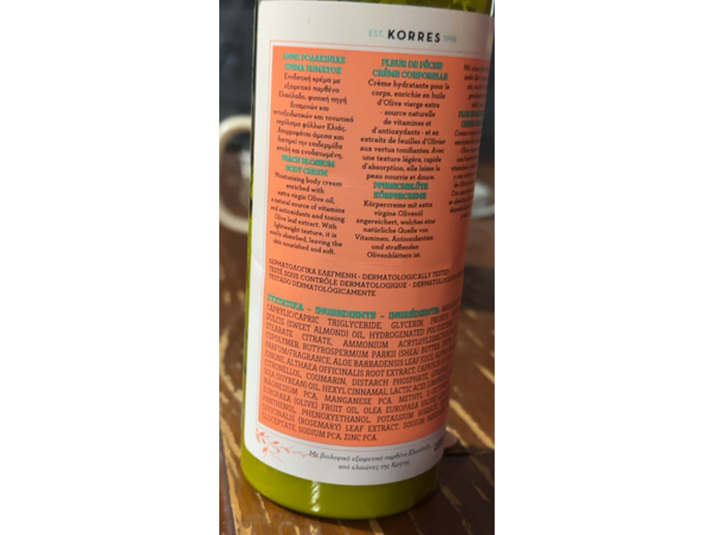 Korres Pure Greek Olive Body Cream, Peach Blossom, 13.53 fl oz/400 mL