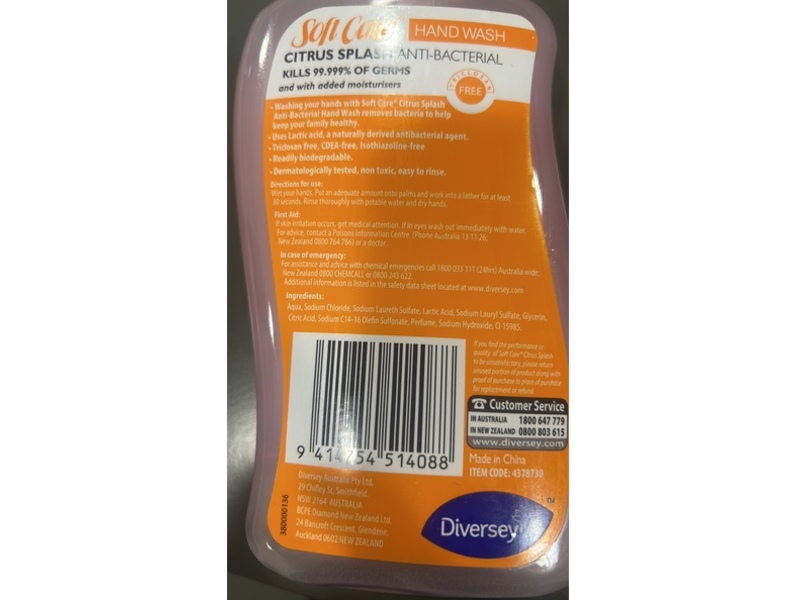 Diversey Soft Care Anti-Bacterial Hand Wash, Citrus Spalsh, 500 mL