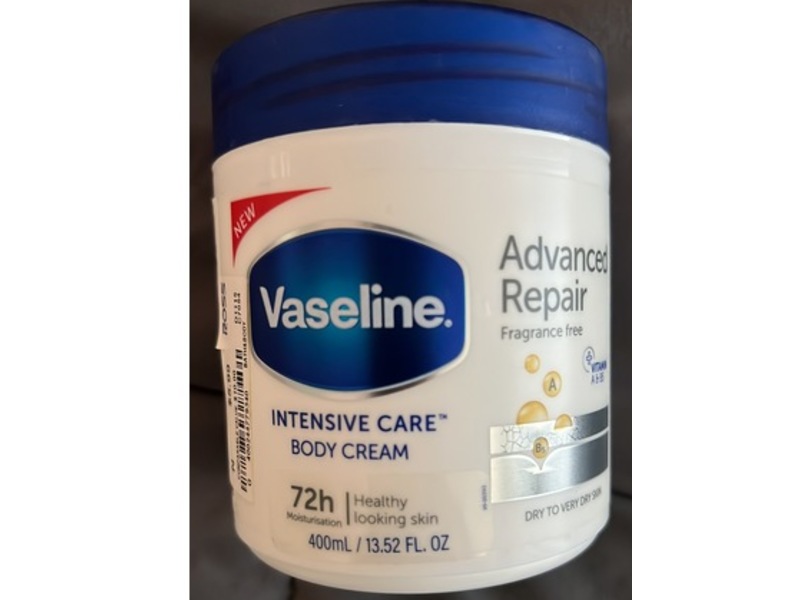 Vaseline Advanced Repair Intensive Care Body Cream, Fragrance Free, Vitamin A & B5, 13.52 fl oz/400 mL