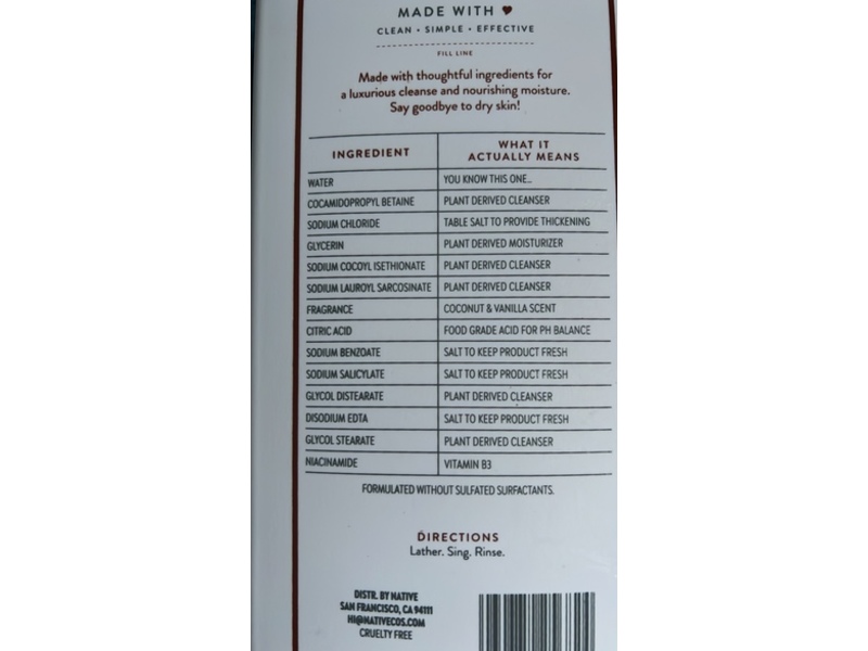 Native Nourishing Body Wash, Coconut & Vanilla, 34 fl oz/1 L