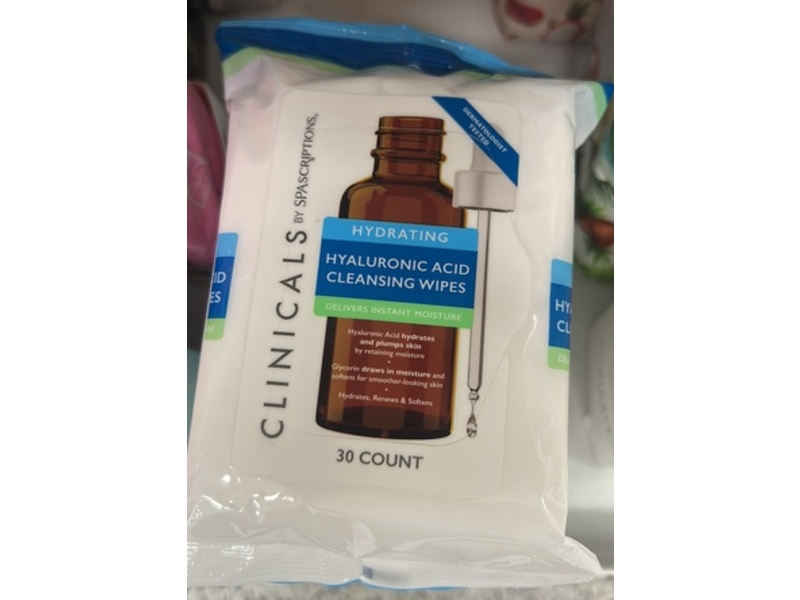 Clinicals By Spascriptions Hydrating Cleansing Wipes, Hyaluronic Acid + Glycerin, 30 Count