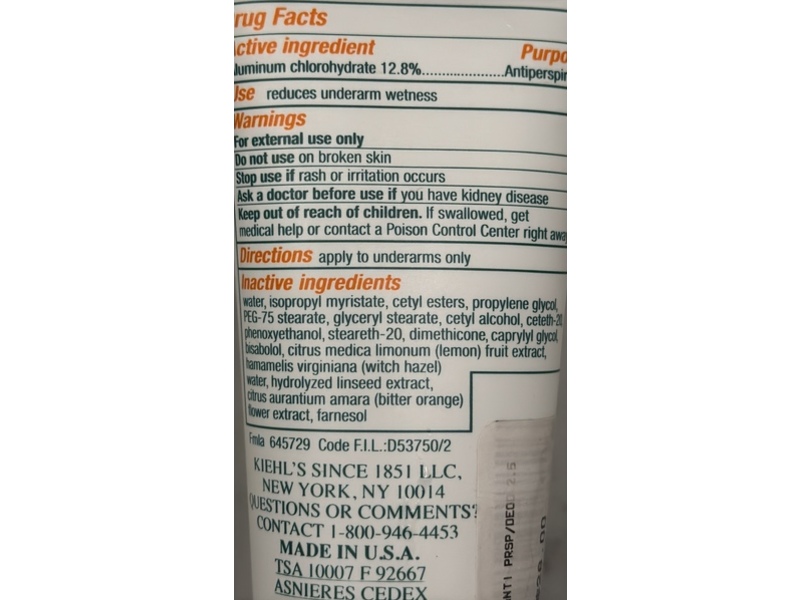 Kiehl's Superbly Efficient Antiperspirant & Deodorant Cream, Orange & Lemon & Linseed Extracts, 2.5 fl oz/75 mL
