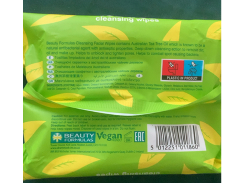 Beauty Formulas Cleansing Wipes, Tea Tree, 30 Count