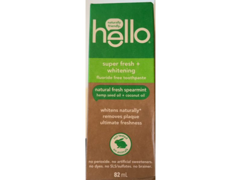 Hello Super Fresh + Whitening Fluoride Free Toothpaste, Fresh Spearmint, 82 mL