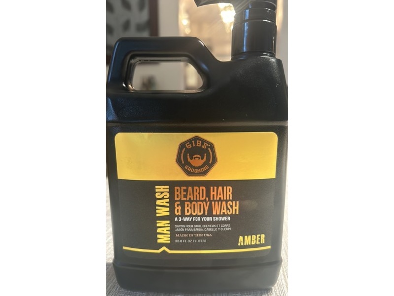 Gibs Grooming Man Wash Beard + Hair + Body Wash, Amber, 33.8 fl oz/1 L