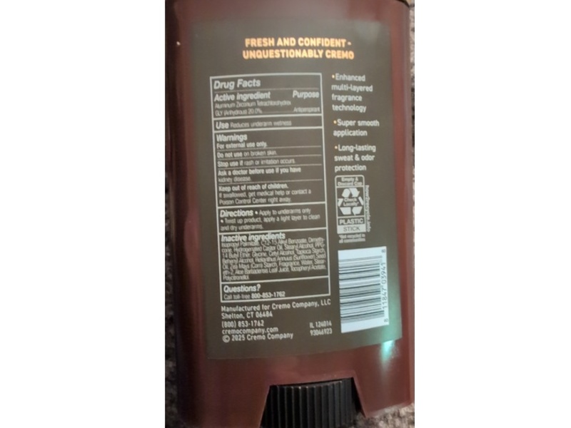 Cremo Antiperspirant & Deodorant, Fresh Timber, Lively & Woody, 2.65 oz/75 g