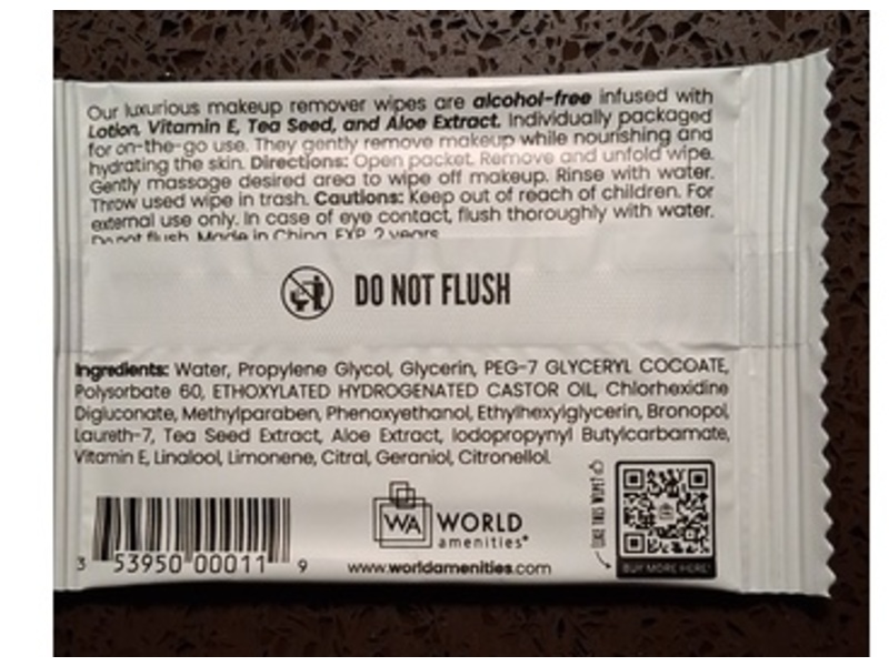 World Amenities Makeup Remover Wipes with Vitamin E, 1 Count