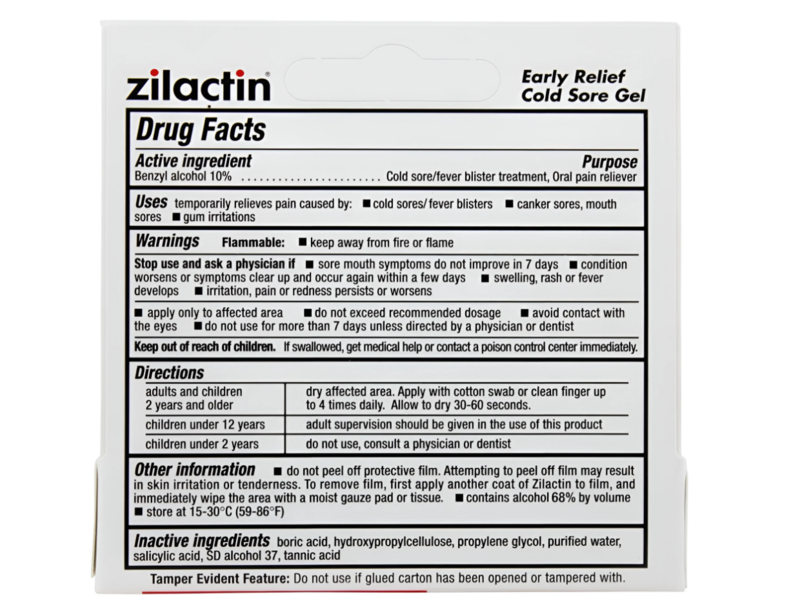 Zilactin Early Relief Cold Sore Gel, 0.25 oz/7.1 g