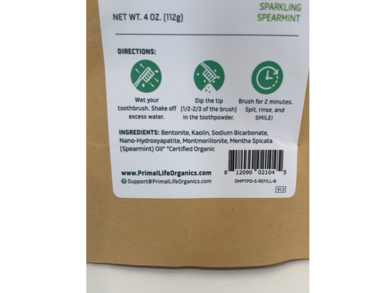 Primal Life Powdered Mineral Toothpaste, Sparkling Spearmint, 4 oz/112 g