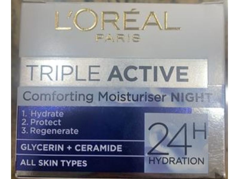 L'Oreal Paris Triple Active Comforting Night Moisturiser, Glycerin + Ceramide, 50 mL