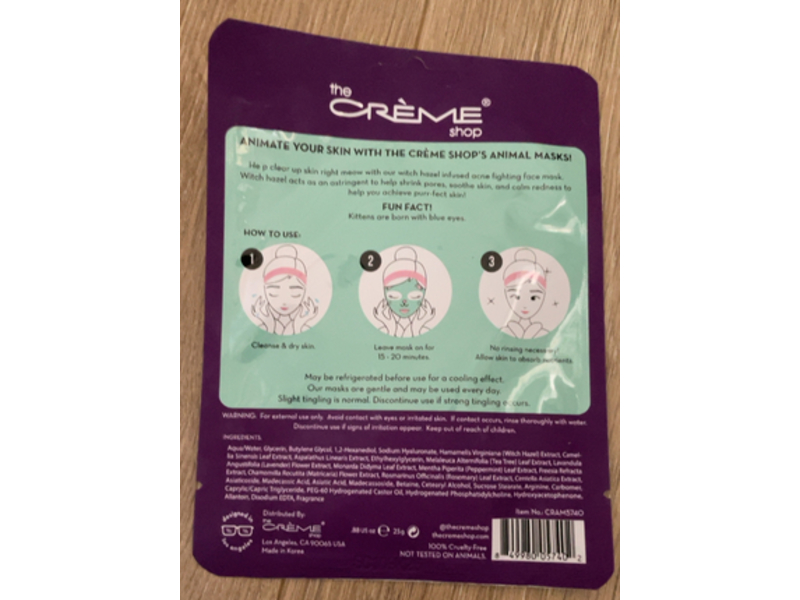 The Creme Shop Be Clear Skin Animated Kitten Face Mask, Witch Hazel, 0.88 oz/25 g