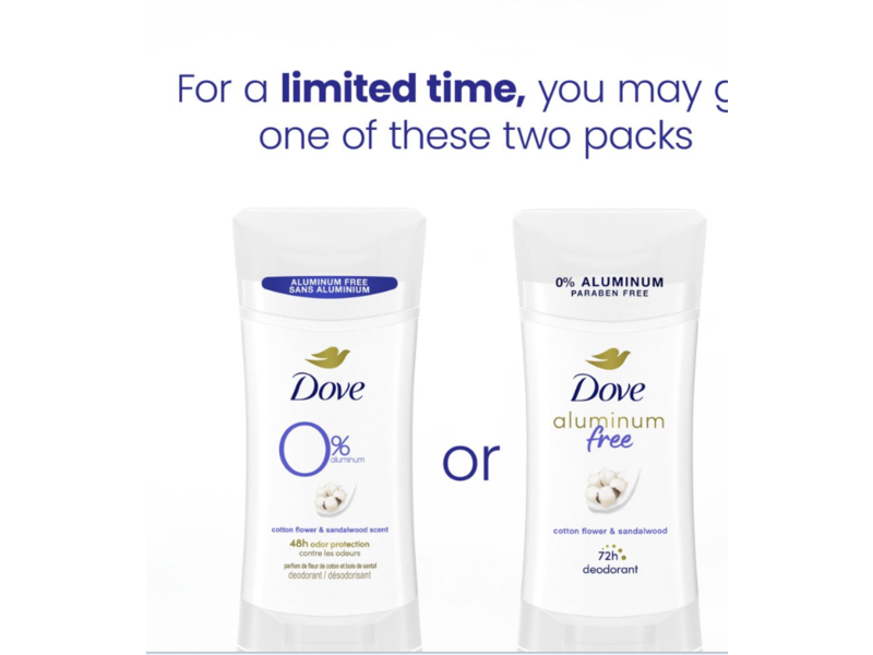 Dove Aluminum Free Deodorant, Cotton Flower & Sandalwood, 2.6 oz/74 g, Pack Of 3