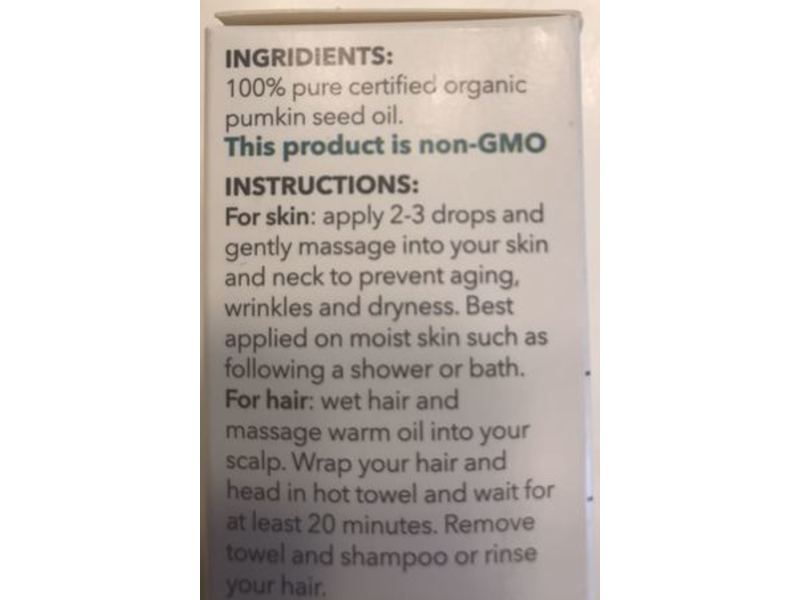 Jeune Naturelle Organic Pumpkin Seed Oil, Anti-Aging Beauty Oil, 2 fl oz/60 mL