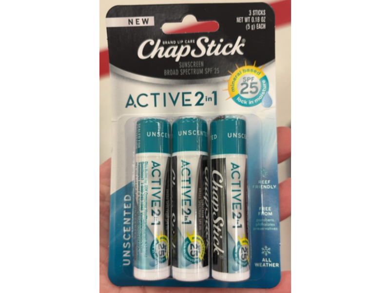 Chapstick Active 2 In 1 Lip Balm, SPF 25, 0.18 oz/5 g, Pack Of 3