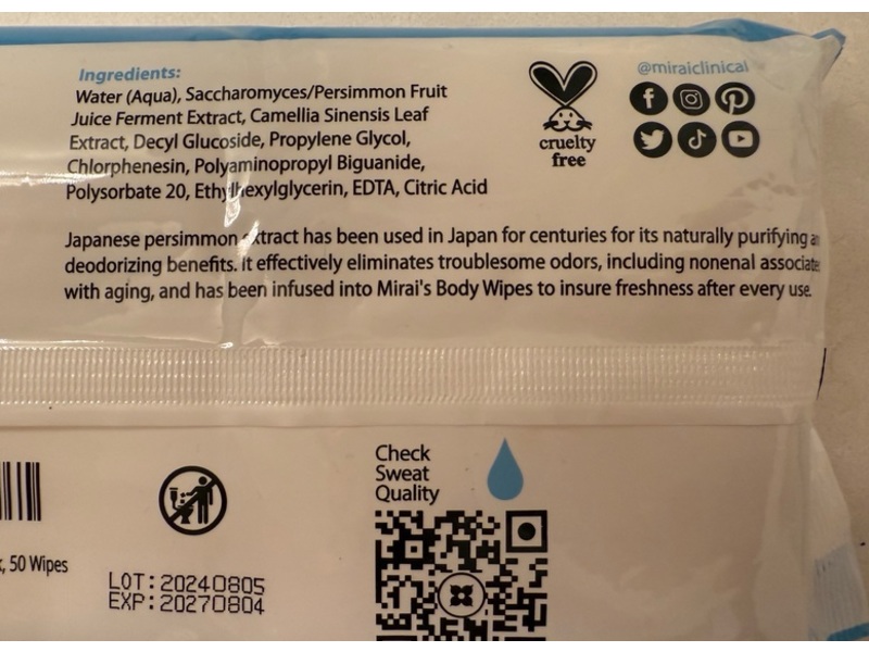 Mirai Clinical Purifying & Deodorizing Body Wipes, Japanese Persimmon & Green Tea, 350 g, 50 Count, 3 Pack