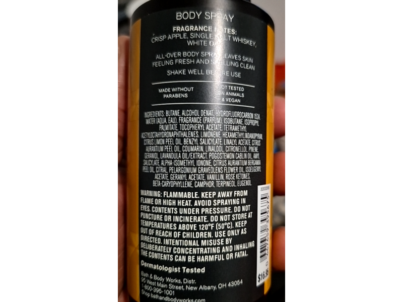 Bath & Body Works Whiskey Reserve The Mens Shop Body Spray, 3.7 oz/104 g