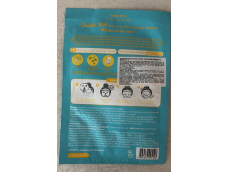 Watsons Double HA Intensive Moisturising HA Mask, Cica, 1 Count