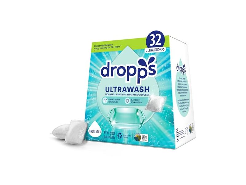 dropps UltraWash Dishwasher Detergent Pods, Unscented, 10.15 oz/288 g, 32 Count
