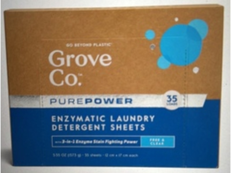 Grove Co. Pure Powder Enzymatic Laundry Detergent Sheets, Free & Clear, 35 Loads, 5.55 fl oz/157.3 g, 35 Count