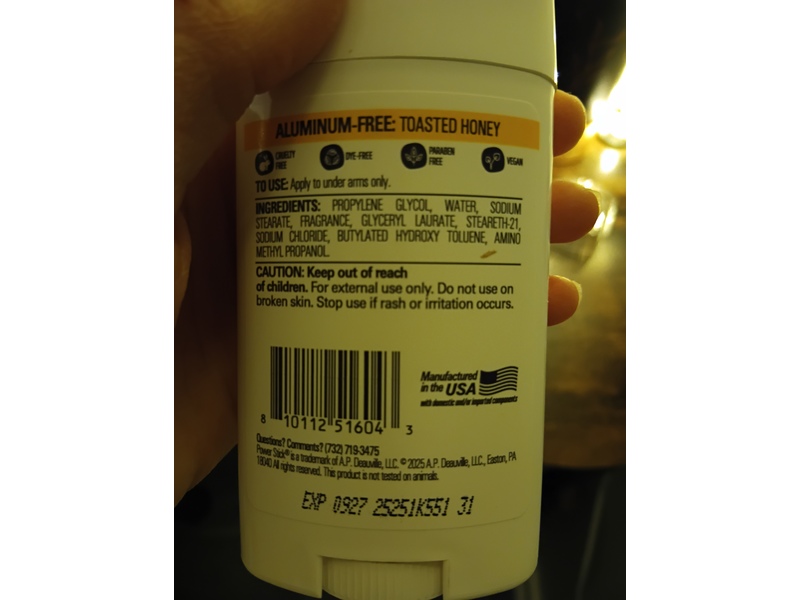 Power Stick Aluminum-Free Deodorant, Toasted Honey, 2.25 oz/64 g
