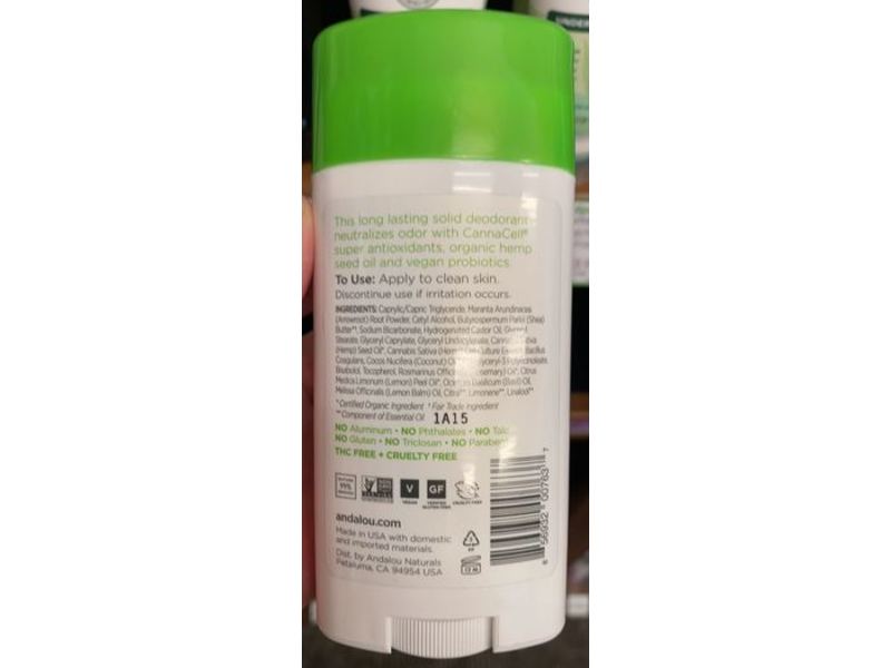 Andalou Naturals Cannacell Botanical Deodorant, Rosemary + Lemon Balm, 2.65 oz / 75 g