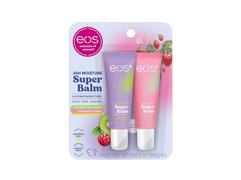 Eos 24H Moisture Super Balm Set, Raspberry Kiwi Splash & Strawberry Sorbet, 0.35 fl oz/10 mL, Pack Of 2