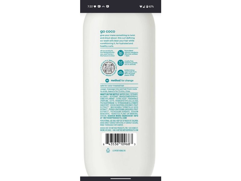 Method Curl Defining Co-Wash Shampoo, Coconut Milk, 13.5 fl oz/399 mL