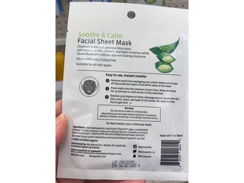 Biorepublic Skin Care Facial Sheet Mask, Soothe & Calm, 0.85 fl oz/25 mL, Pack Of 12