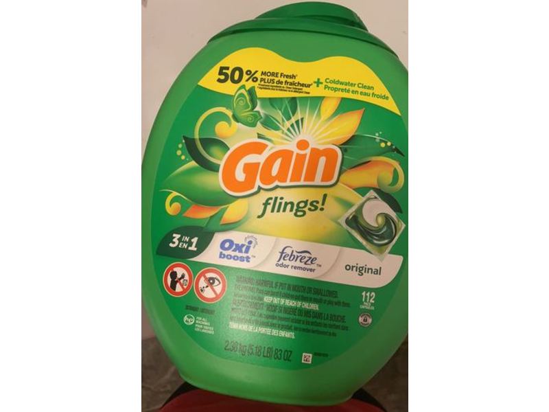 Gain Flings 3 In 1 Oxi Boost Febreze Odor Remover Laundry Detergent, Original, 83 oz/2.38 kg, 112 Count