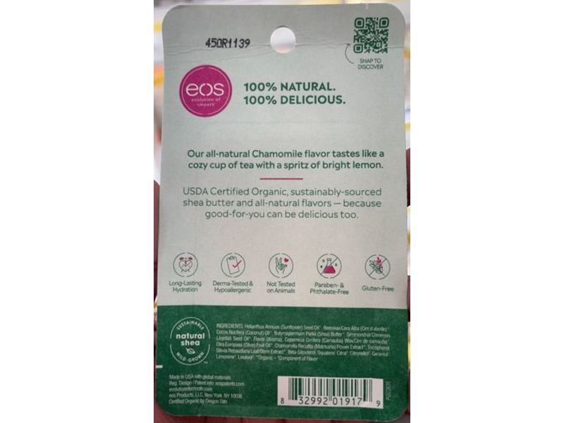 eos Organic 100% Natural Shea Lip Balm, Chamomile, 0.14 oz/4 g, Pack Of 2