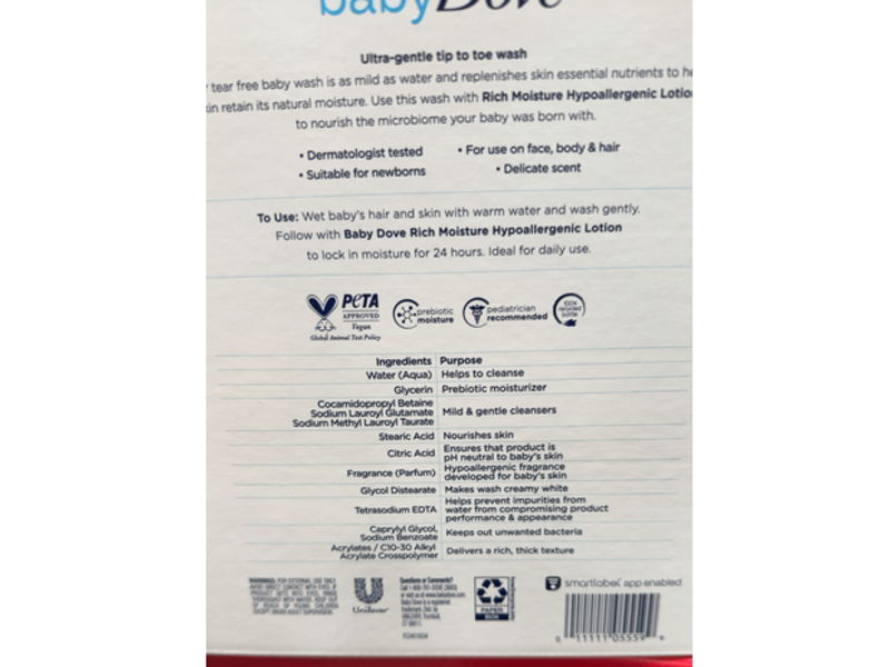 Baby Dove Sensitive Skin Care Rich Moisture Ultra - Gentle Tip - To - Toe Wash, 20 fl oz/591 mL, Pack Of 2