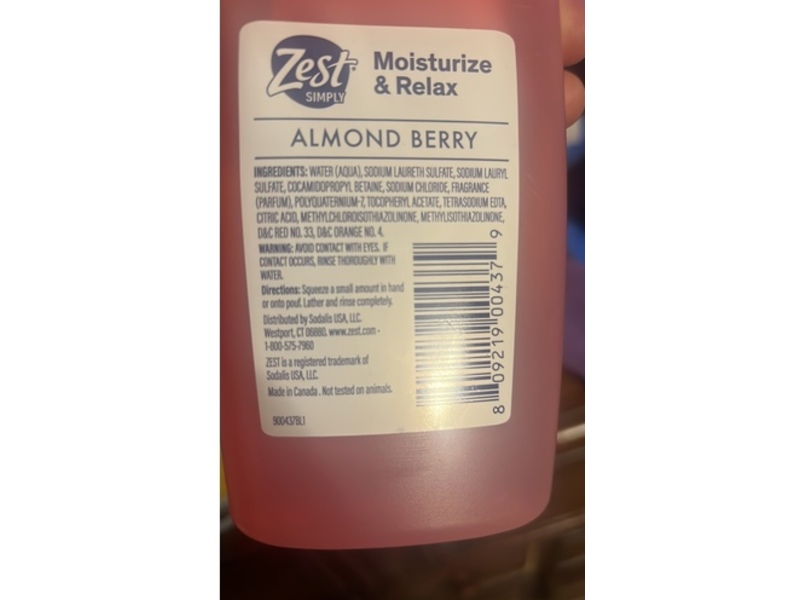 Zest Simply Moisturize & Relax Body Wash, Almond Berry, 12.5 fl oz/370 mL