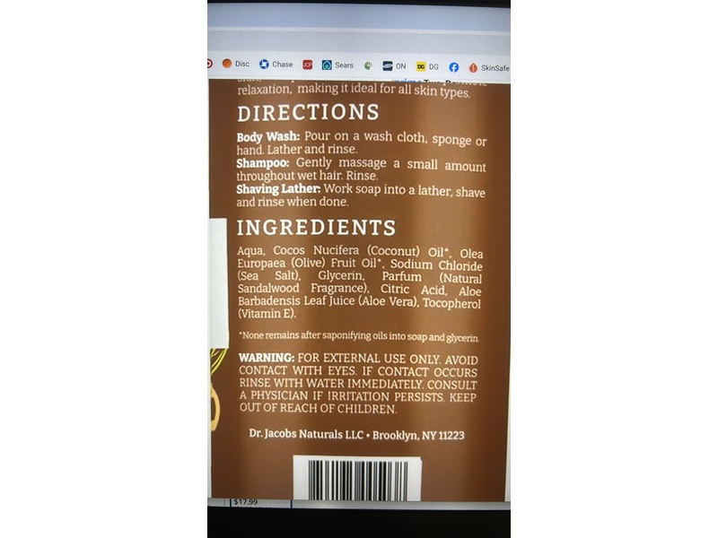 Dr. Jacobs Naturals Rich Castile Body Wash, Soothing Sandalwood, 32 oz/946 mL