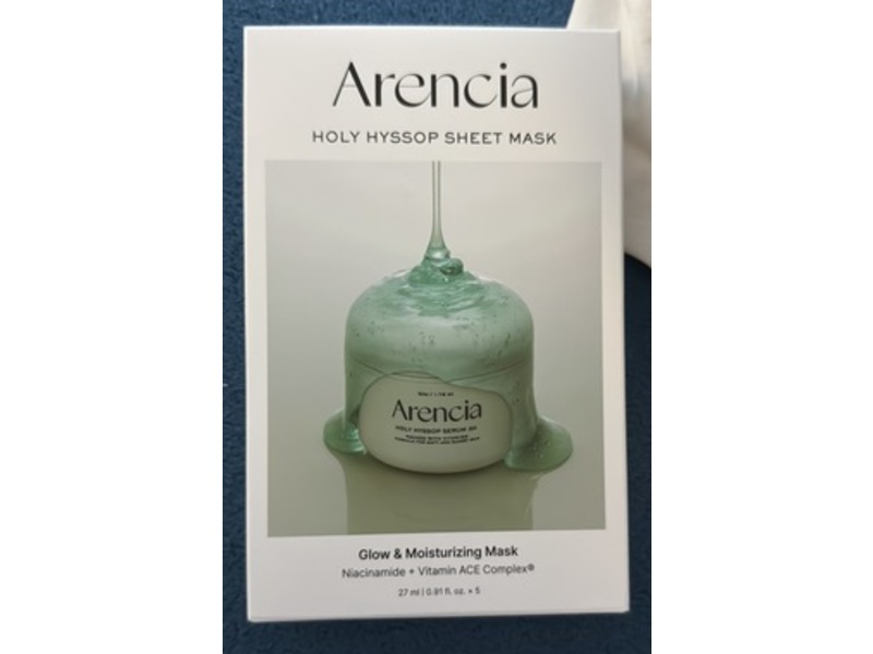 Arencia Holy Hyssop Glow & Moisturizing Sheet Mask, 0.91 fl oz/27 mL, 5 Count