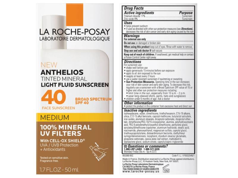 La Roche-Posay Anthelios Tinted Mineral Light Fluid Sunscreen, SPF 40, Medium, 1.7 fl oz/50 mL