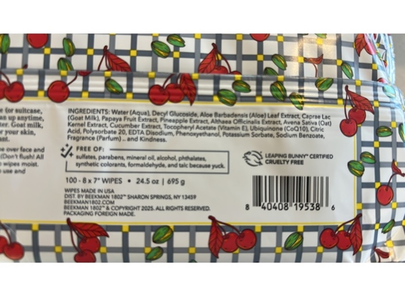 Beekman 1802 Goat Milk Face & Body Cleansing Wipes, Pistachio & Dark Cherry, 100 Count