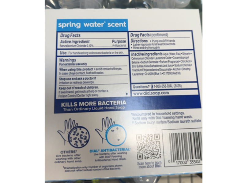 Dial Foaming Antibacterial & Moisturizing Hand Wash, Spring Water Scent, 7.5 fl oz/221 mL, Pack Of 4