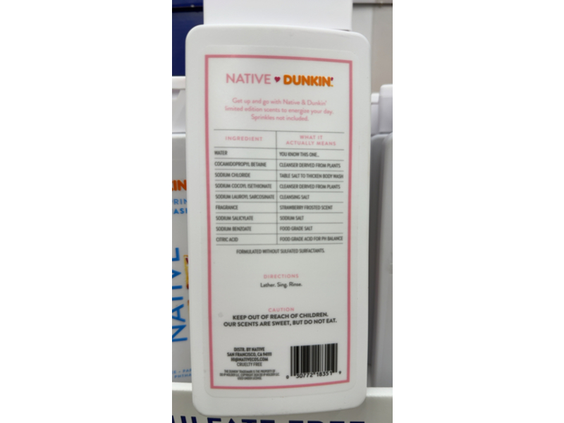 Native Dunkin Body Wash, Strawberry Frosted, 18 fl oz/532 mL