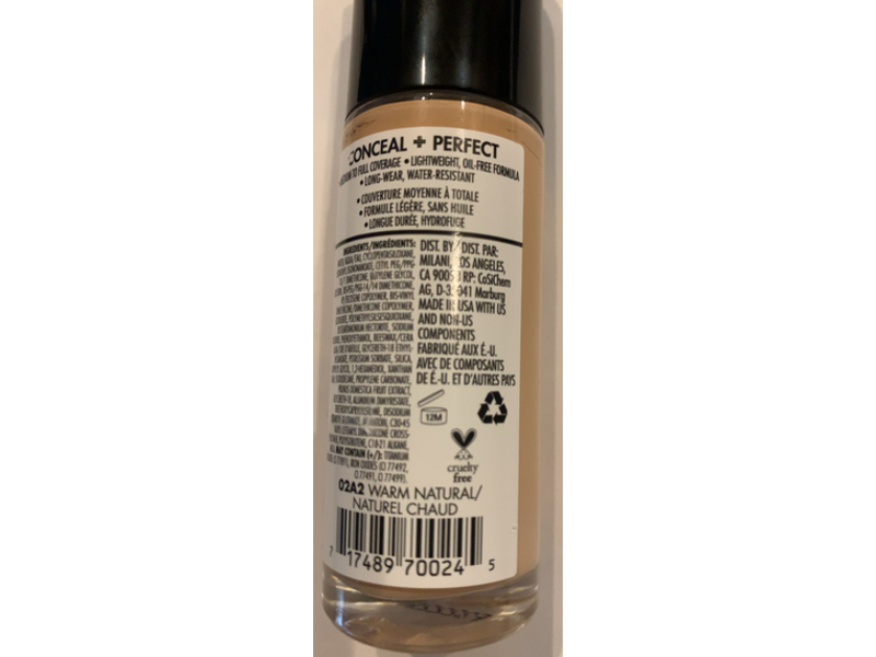 Milani Conceal + Perfect Liquid Foundation, Warm Natural, 1 fl oz/30 mL
