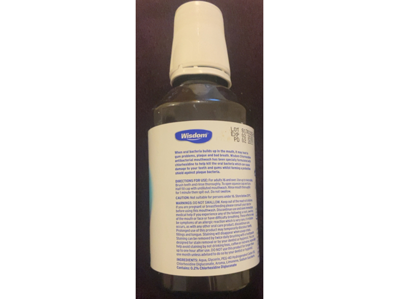 Wisdom Chlorhexidine Antibacterial Mouthwash, Fresh Mint, 300 mL